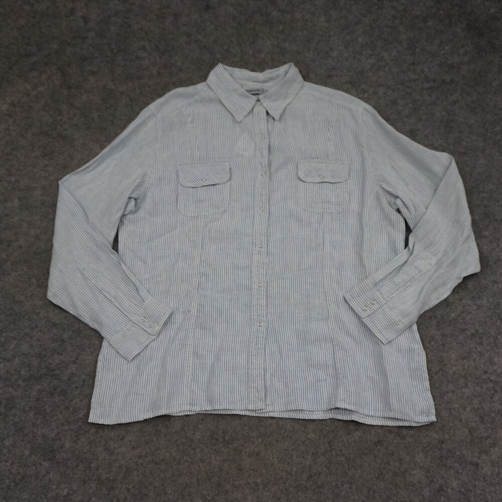 Chicos Shirt Womens 2 Regular Large L Blue Button Up Seersucker Striped Linen